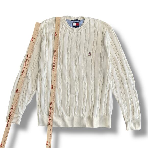 Tommy Hilfiger Vintage White Cable Knit Sweater Men’s Medium Crest Logo Pullover - Picture 4 of 8